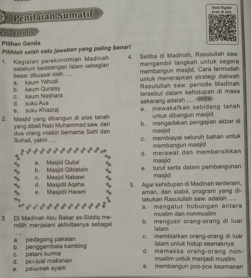 Soal Digital
Penilaian Sumatif
scan di sini.
es Tertulis
Pilihan Ganda
Pilihlah salah satu jawaban yang paling benar!
1. Kegiatan perekonomian Madinah 4. Setiba di Madinah, Rasulullah saw.
sebelum kedatangan Islam sebagian mengambil langkah untuk segera
besar dikuasai oleh .... membangun masjid. Cara termudah
a. kaum Yahudi untuk menerapkan strategi dakwah
b. kaum Quraisy Rasulullah saw. periode Madinah
c. kaum Nashara tersebut dalam kehidupan di masa
d. suku Aus sekarang adalah .... HOTS
e. suku Khazraj a. mewakafkan sebidang tanah
2. Masjid yang dibangun di atas tanah untuk dibangun masjid
yang dibeli Nabi Muhammad saw. dari b. mengadakan pengajian akbar di
dua orang miskin bernama Sahl dan masjid
Suhail, yakni .... c. membiayai seluruh bahan untuk
membangun masjid
d. merawat dan membersihkan
a. Masjid Quba' masjid
b. Masjid Qiblatain e. turut serta dalam pembangunan
c. Masjid Nabawi masjid
d. Masjidil Aqsha 5. Agar kehidupan di Madinah tenteram,
e. Masjidil Haram aman, dan stabil, program yang di-
lakukan Rasulullah saw. adalah ...
a. mengatur hubungan antara
muslim dan nonmuslim
3. Di Madinah Abu Bakar as-Siddiq me-
milih menjalani aktivitasnya sebagai b. mengusir orang-orang di luar
Islam
a. pedagang pakaian
c. membiarkan orang-orang di luar
b. penggembala kambing
Islam untuk hidup seenaknya
c. petani kurma
d. memaksa orang-orang non-
d. perjual makanan
muslim untuk menjadi muslim
e. peternak ayam
e. membangun pos-pos keamanan