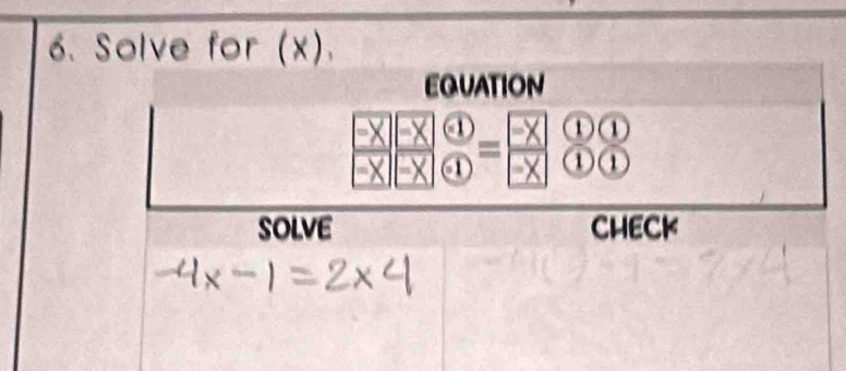 Solve for (x). 
eguation 
①① 
= 
④ ①① 
SOLVE CHECK