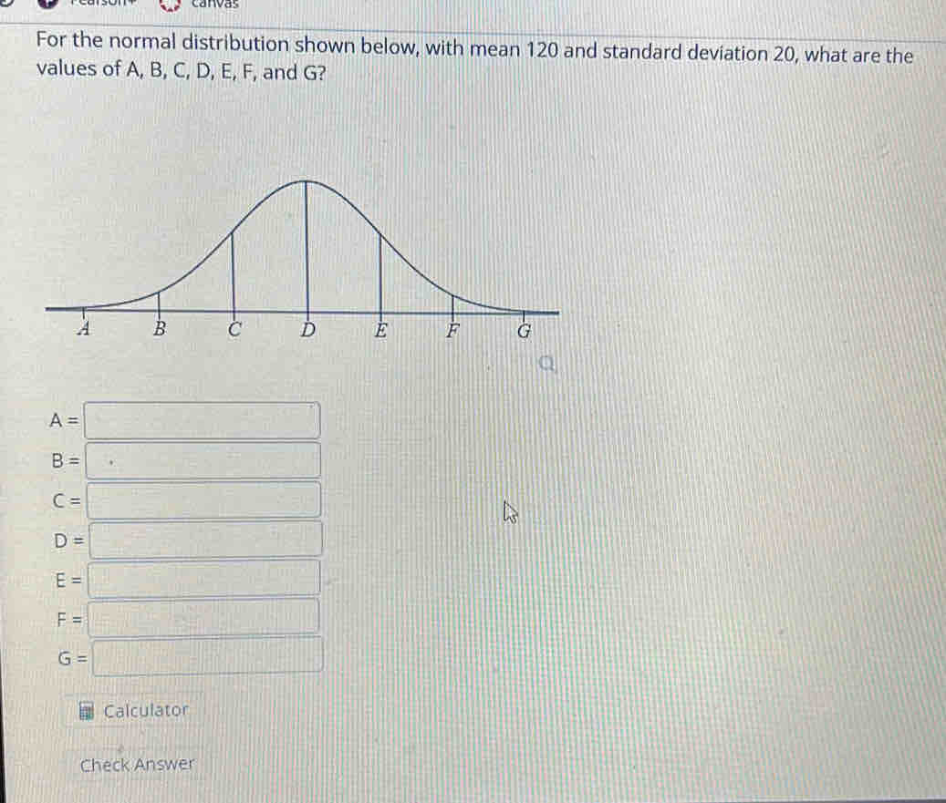 Solved: canvas For the normal distribution shown below, with mean 120 ...
