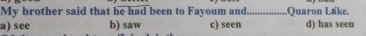 My brother said that he had been to Fayoum and._ Quaron Luke.
a) see b) saw c) seen d) has seen