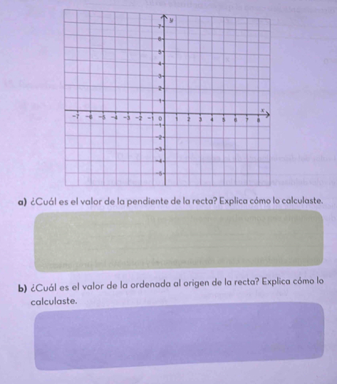 ¿Cucalculaste. 
b) ¿Cuál es el valor de la ordenada al origen de la recta? Explica cómo lo 
calculaste.