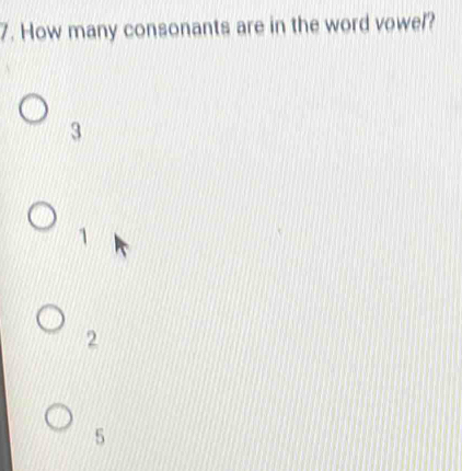 How many consonants are in the word vowel?
3
1
2
5