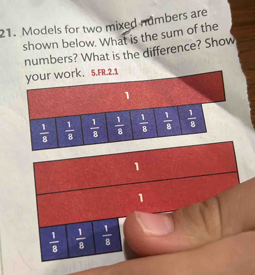 Models for two mixed numbers are
shown below. What is the sum of the
numbers? What is the difference? Show
rk. 5.FR.2.1
1
1
 1/8   1/8   1/8 