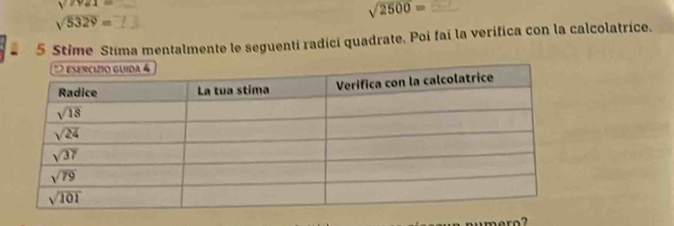 vere4=
sqrt(2500)=
sqrt(5329)=
5 Stime Stima mentalmente le seguenti radíci quadrate. Poi fai la verifica con la calcolatrice.