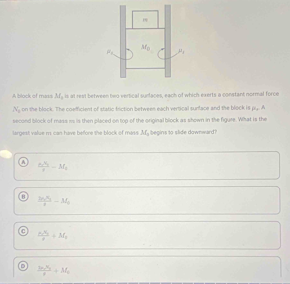 Solved: A block of mass M_0 is at rest between two vertical surfaces ...