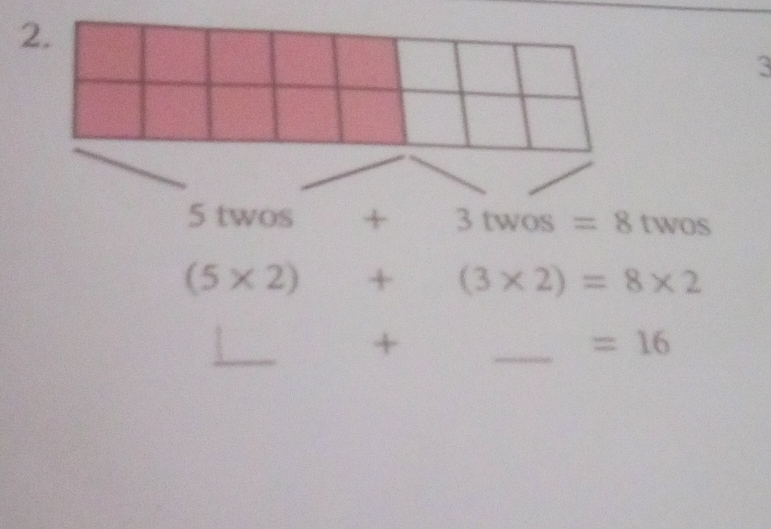 3
5t a 108 + 3twos=8twos
(5* 2)+(3* 2)=8* 2
+ 
_ =16