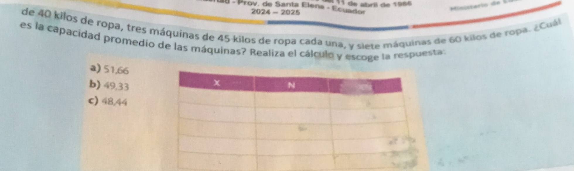 de abril de 1986
lo - Prov, de Santa Elena - Ecuador
2024-2025 
de 40 kilos de ropa, tres máquinas de 45 kilos de ropa cada una, y siete máquinas de 60 kilos de ropa. ¿Cuál
es la capacidad promedio de las máquinas? Realiza el cálculo y escoge la respuesta:
a) 51,66
b) 49,33
c) 48,44