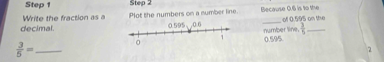 Write the fraction as a Plot the numbers on a number line. Because 0.6 is to the 
decimal. of 0.595 on the 
number line.  3/5 
0.595. 
_  3/5 =
2