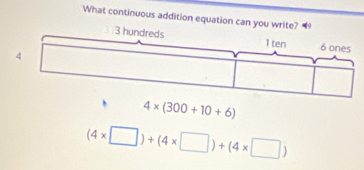 What continuous addition equation c
4* (300+10+6)
(4* □ )+(4* □ )+(4* □ )