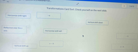 Itional Fun...
《 3 of 13
Transformations Card Sort. Check yourself on the next slide.
Horizontal shift right -a
Vertical shift down
Reflection over the x
axis Horizontal shift lef
- 1
x-h
Vertical shift up
x+b