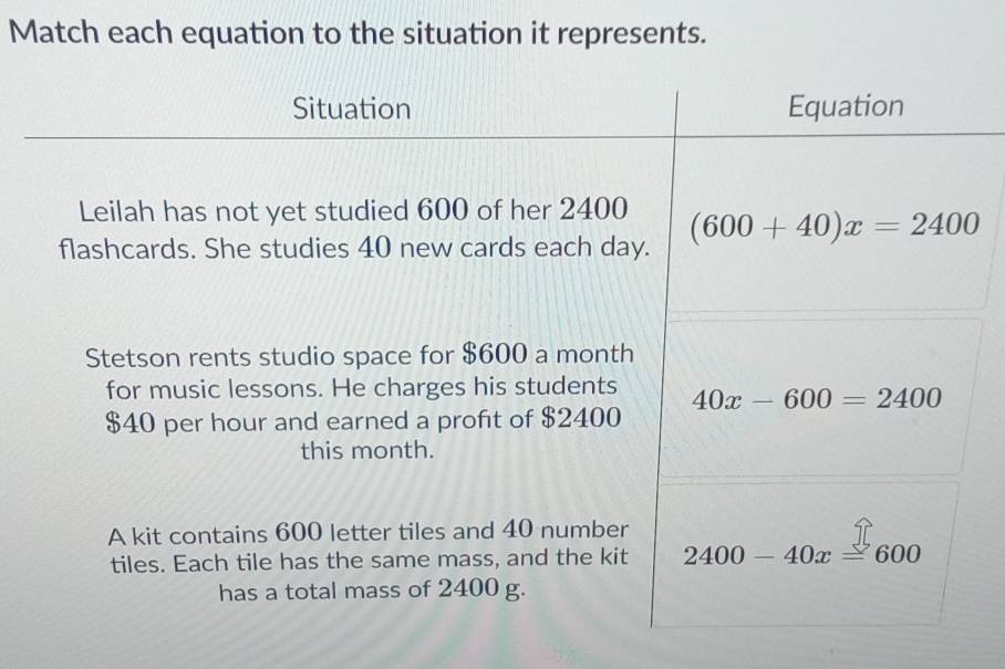 Match each equation to the situation it represents.