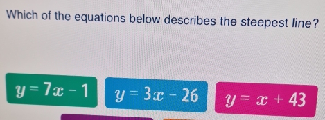 Solved: Which of the equations below describes the steepest line? y=7x ...