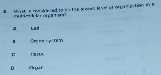 What is considered to be the lowest level of organization in a 
multicellular organism?