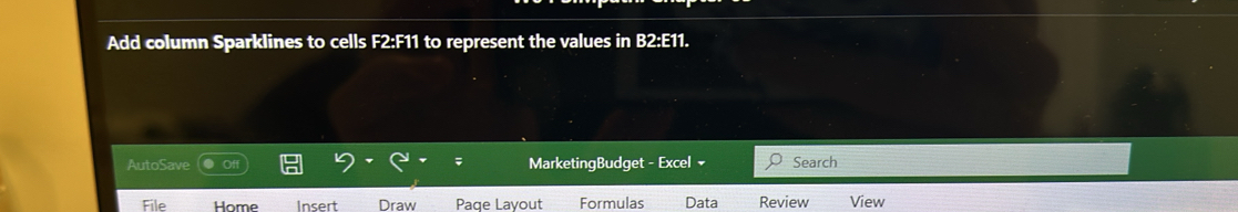 Add column Sparklines to cells F2:F11 to represent the values in B2:E11. 
AutoSave MarketingBudget - Excel Search 
File Home Insert Draw Page Layout Formulas Data Review View