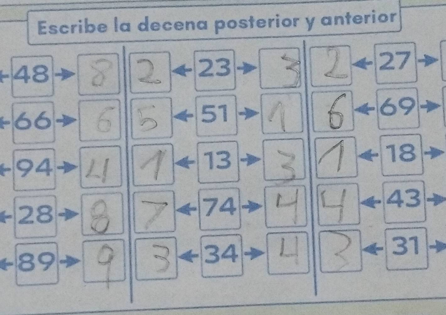 Escribe la decena posterior y anterior
48
23
a
27
66
51
a
69
94
I
13
A
18
43
28
74
31
89
34