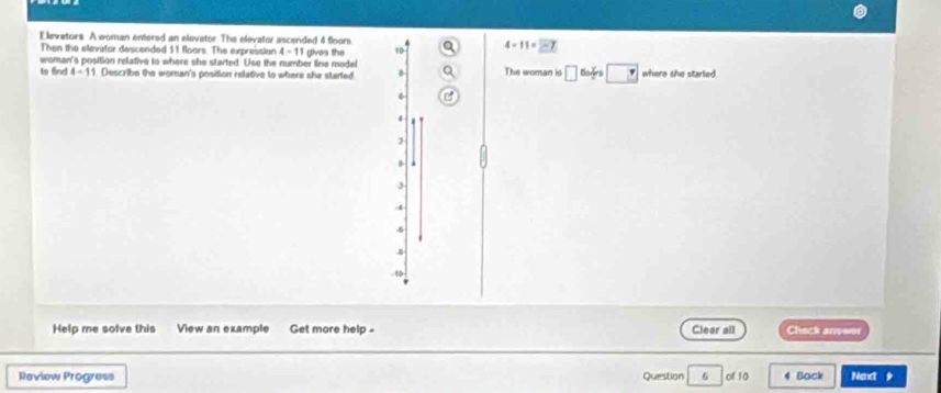 Elevators. A woman entered an elevator. The elevator ascended 4 floors 4-11=overline -7
Then the elevator descended 11 floors. The expression 4 -1
woman's position relative to where she started. Use the number line model I gives the 
to find 4-11 Describe the woman's position relative to where she started B The woman is □ where she started
4
B
4

1 
Help me solve this View an example Get more help - Clear all Check anower 
Review Progress Question 6 of 10 4 Back Ned