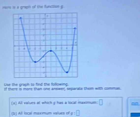 Here is a graph of the function g. 
Use the graph to find the following. 
If there is more than oine answer, separate them with commas. 
(a) All values at which g has a local maximum: □
(b) All local maximum values of g:□