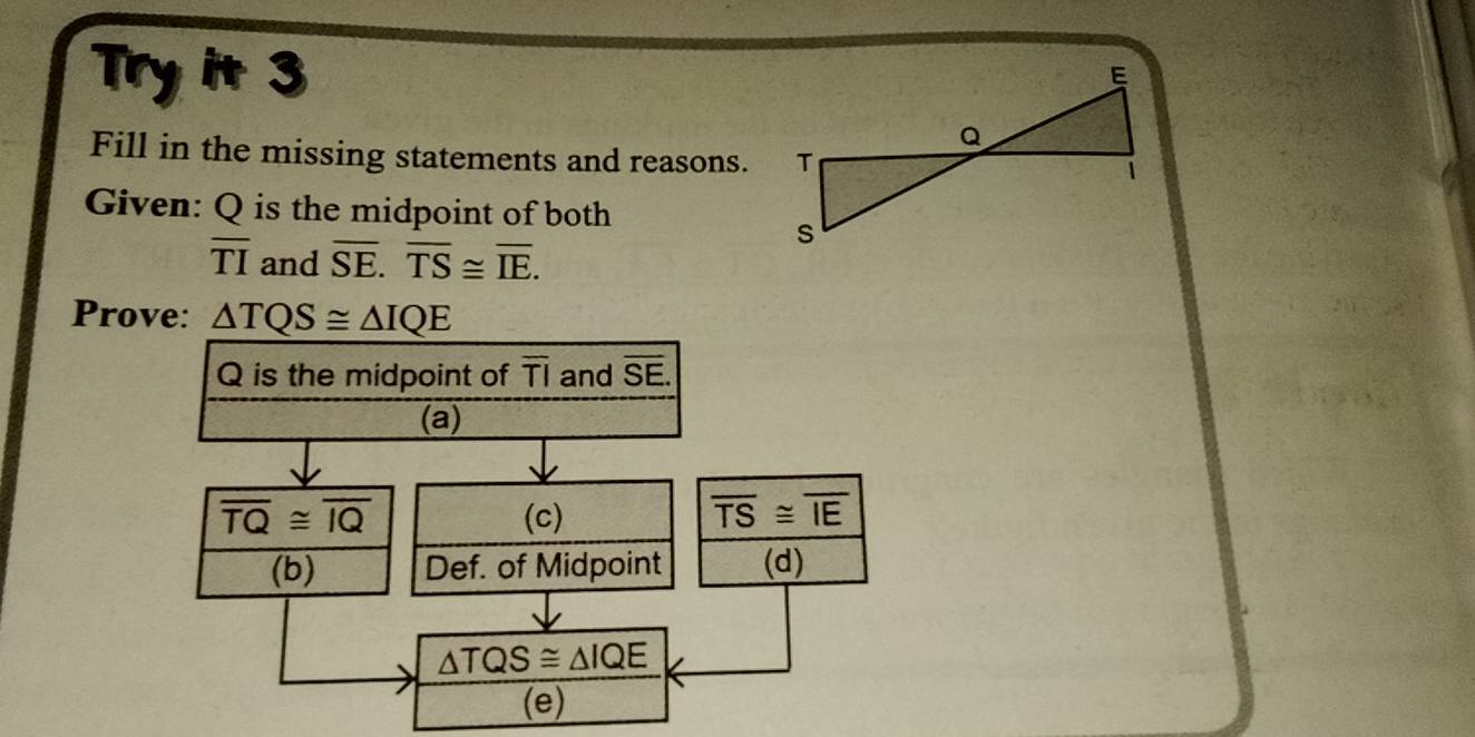 Try it 3
Fill in the missing statements and reasons.
Given: Q is the midpoint of both
overline TI and overline SE. overline TS≌ overline IE. 
Prove: △ TQS≌ △ IQE
Q is the midpoint of overline TI and overline SE.
(a)
overline TQ≌ overline IQ (c) overline TS≌ overline IE
(b) Def. of Midpoint (d)
△ TQS≌ △ IQE
(e)