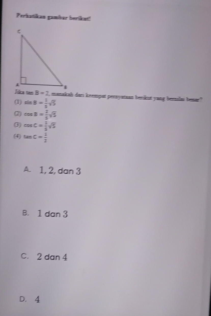 Perhatikcas ganbar berikati
, manakah dan knompet panyetean berkut yong bamilat baner?
(1) sin B= 1/5 sqrt(5)
(2) cos B= 2/5 sqrt(5)
(3) cos C= 1/5 sqrt(5)
(4) tan C= 1/2 
A. 1, 2, dan 3
B. 1 dan 3
C. 2 dan 4
D. 4