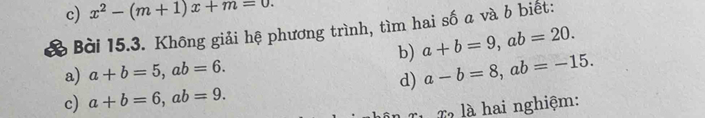 c) x^2-(m+1)x+m=0. 
B Bài 15.3. Không giải hệ phương trình, tìm hai số a và b biết:
b) a+b=9, ab=20. 
a) a+b=5, ab=6. 
d) a-b=8, ab=-15. 
c) a+b=6, ab=9. 
Tà là hai nghiệm: