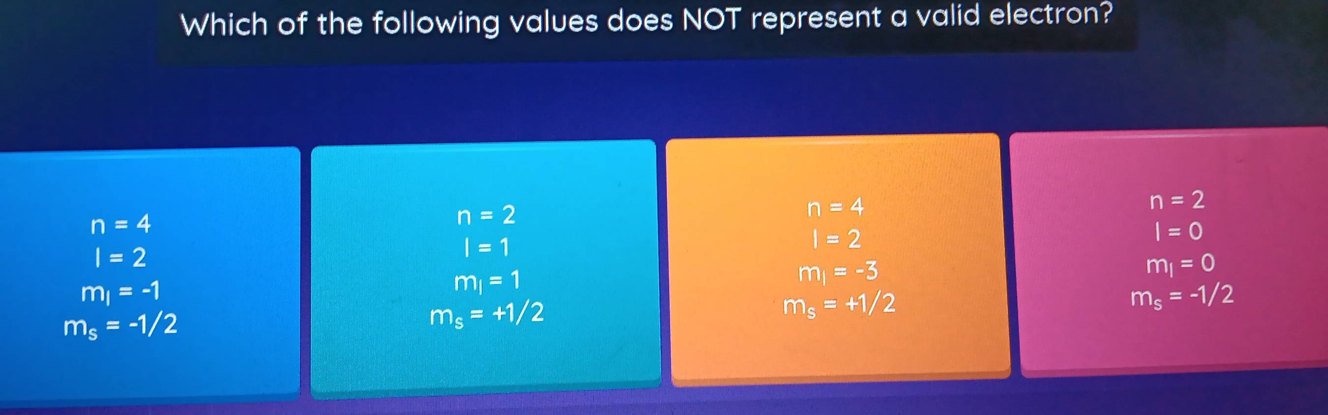 Which of the following values does NOT represent a valid electron?
n=4
n=2
n=4
n=2
I=0
I=2
I=1
I=2
m_1=-3
m_l=-1
m_1=1
m_1=0
m_s=+1/2
m_s=-1/2
m_s=+1/2
m_s=-1/2