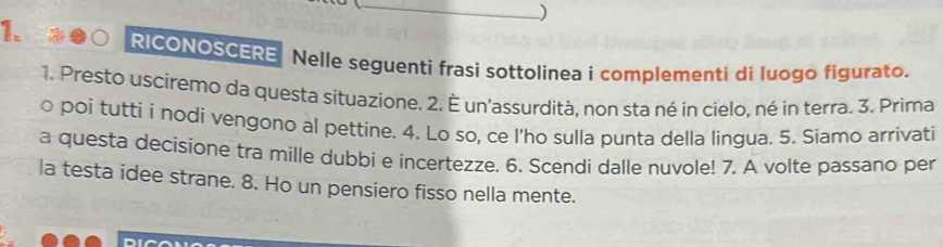 ) 
1. RICONOSCERE Nelle seguenti frasi sottolinea i complementi di luogo figurato. 
1. Presto usciremo da questa situazione. 2. È un'assurdità, non sta né in cielo, né in terra. 3. Prima 
o poí tuttí i nodi vengono al pettine. 4. Lo so, ce l’ho sulla punta della lingua. 5. Siamo arrivati 
a questa decisione tra mille dubbi e incertezze. 6. Scendi dalle nuvole! 7. A volte passano per 
la testa idee strane. 8. Ho un pensiero fisso nella mente.