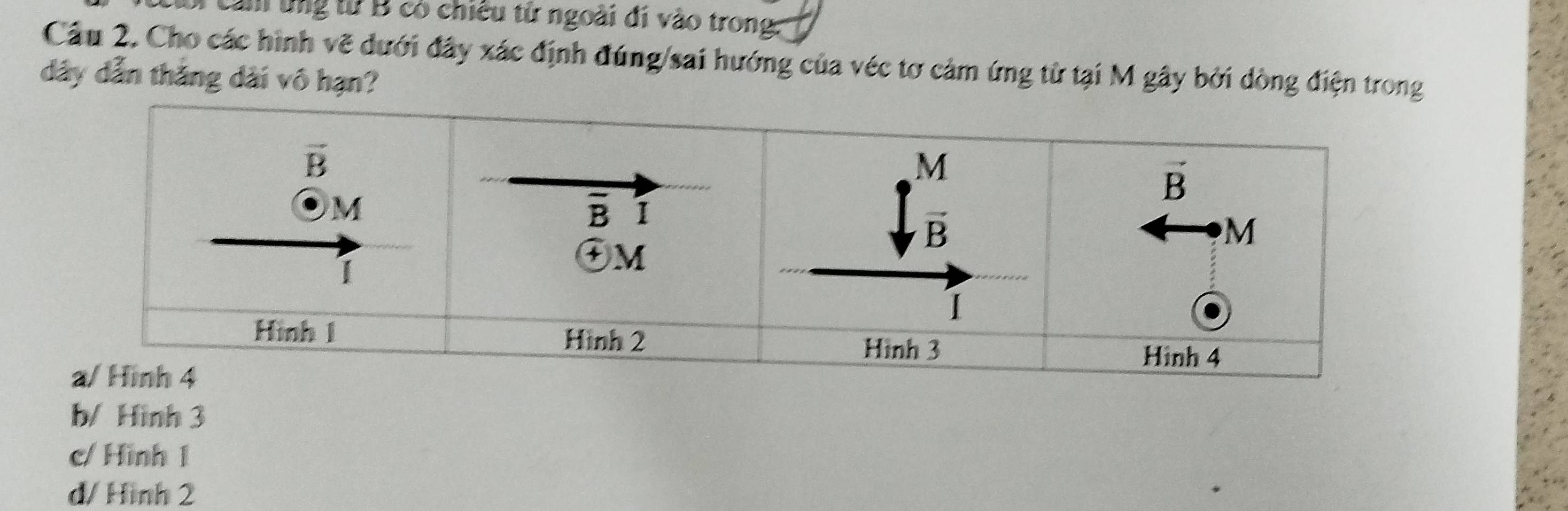 Cam ứng từ B có chiếu từ ngoài di vào trong:
Câu 2. Cho các hình vẽ dưới đây xác định đúng/sai hướng của véc tơ cảm ứng từ tại M gây bởi dòng điện trong
dây dẫn thắng dài vô hạn?
b/ Hình 3
c/ Hình 1
d/ Hình 2