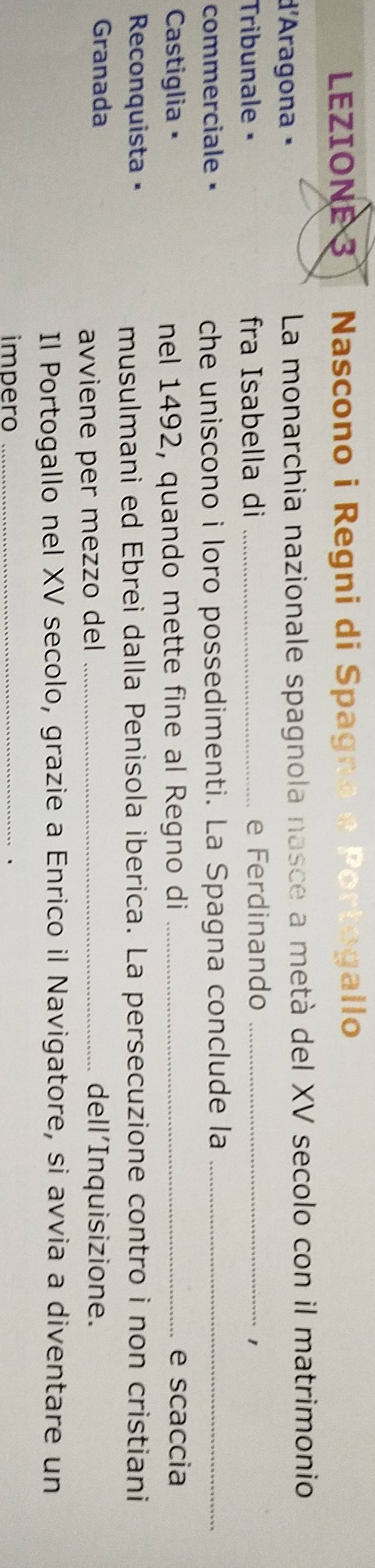 LEZIONE 3 Nascono i Regni di Spag allo 
d'Aragona La monarchia nazionale spagnola nasce a metà del XV secolo con il matrimonio 
Tribunale ③ fra Isabella di _e Ferdinando_ 
1 
commerciale che uniscono i loro possedimenti. La Spagna conclude la_ 
Castiglia nel 1492, quando mette fine al Regno di _e scaccia 
Reconquista α 
musulmani ed Ebrei dalla Penisola iberica. La persecuzione contro i non cristiani 
Granada _dell'Inquisizione. 
avviene per mezzo del 
Il Portogallo nel XV secolo, grazie a Enrico il Navigatore, si avvia a diventare un 
impero _.