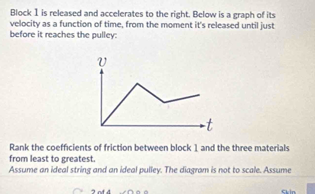 Block 1 is released and accelerates to the right. Below is a graph of its 
velocity as a function of time, from the moment it's released until just 
before it reaches the pulley:
V
t 
Rank the coefficients of friction between block 1 and the three materials 
from least to greatest. 
Assume an ideal string and an ideal pulley. The diagram is not to scale. Assume
2 of 4 Skin