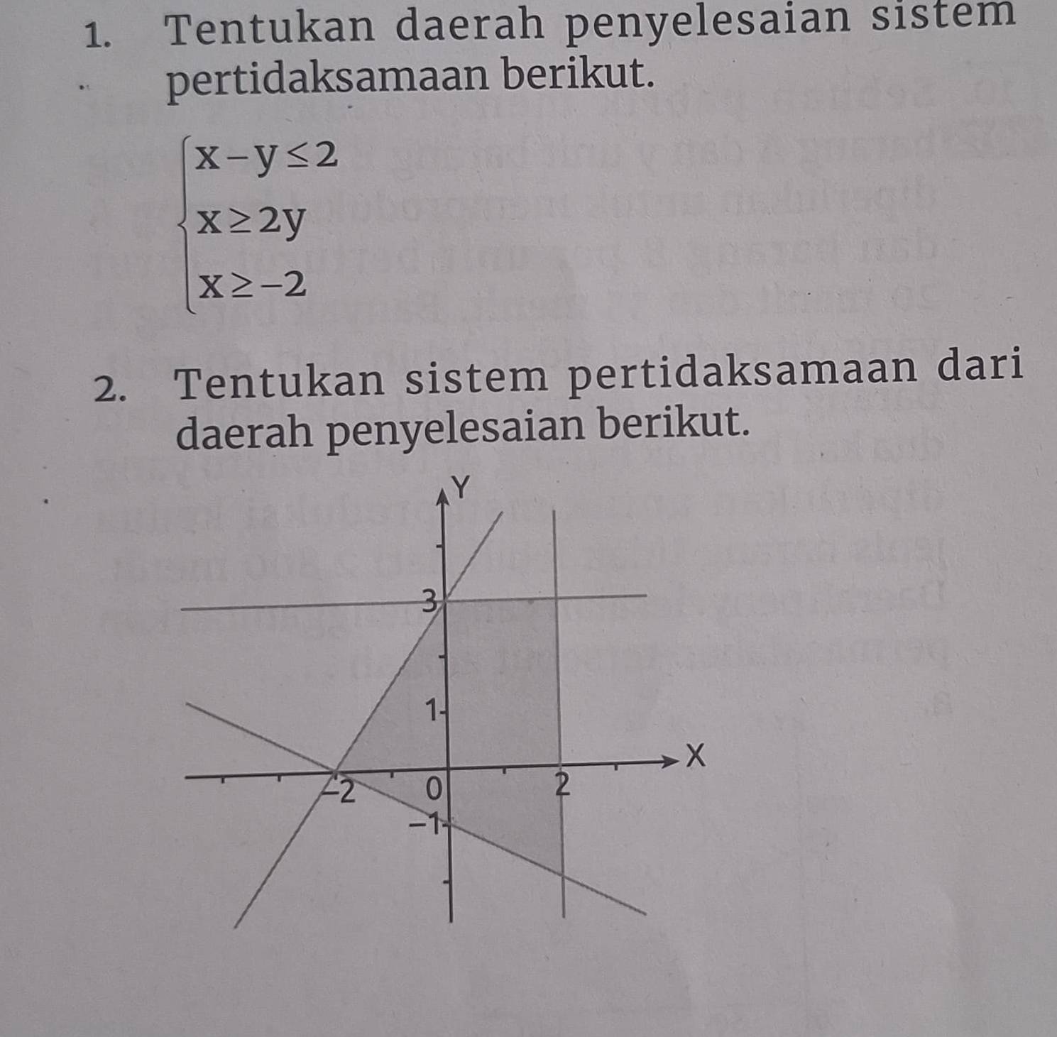 Tentukan daerah penyelesaian sistem 
pertidaksamaan berikut.
beginarrayl x-y≤ 2 x≥ 2y x≥ -2endarray.
2. Tentukan sistem pertidaksamaan dari 
daerah penyelesaian berikut.