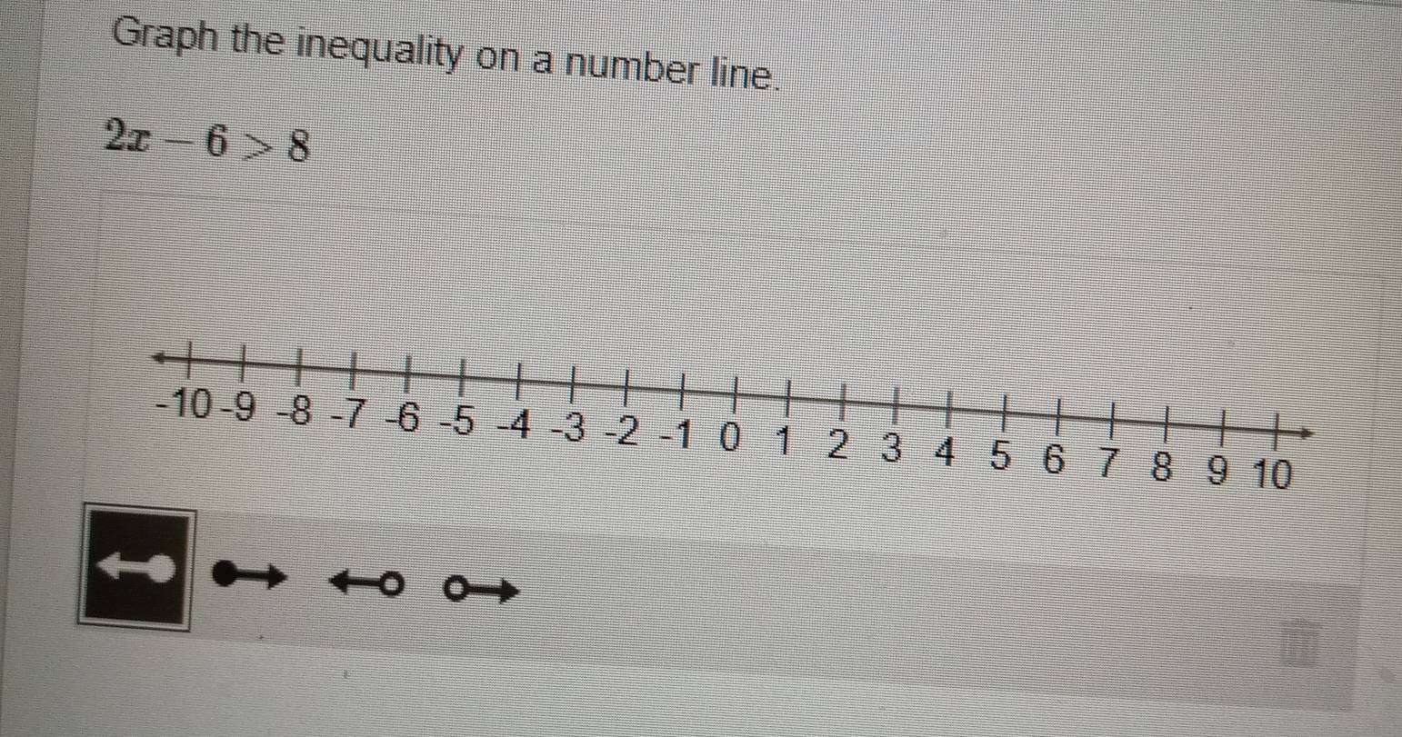 Graph the inequality on a number line.
2x-6>8