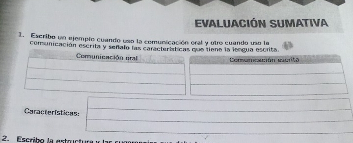 EVALUACIÓN SUMATIVA 
1. Escribo un ejemplo cuando uso la comunicación oral y otro cuando uso la 
comunicación escrita y señalo las ue tiene la lengua escrita. 
Características: 
2. Escribo la estructu