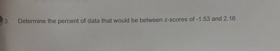 Determine the percent of data that would be between z-scores of -1.53 and 2.16