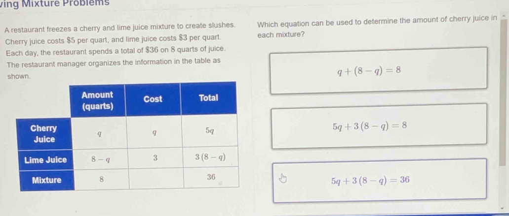 ving Mixture Probléms
A restaurant freezes a cherry and lime juice mixture to create slushes. Which equation can be used to determine the amount of cherry juice in
Cherry juice costs $5 per quart, and lime juice costs $3 per quart. each mixture?
Each day, the restaurant spends a total of $36 on 8 quarts of juice.
The restaurant manager organizes the information in the table as
q+(8-q)=8
5q+3(8-q)=8
5q+3(8-q)=36
