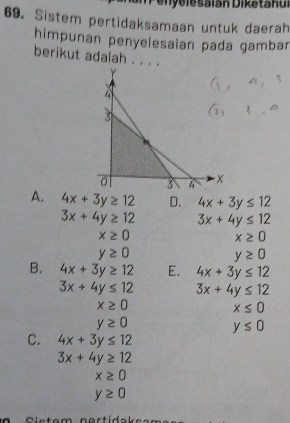 Penyelesaian Diketahui
69. Sistem pertidaksamaan untuk daerah
himpunan penyelesaian pada gambar
berikut adalah . . . .
A. 4x+3y≥ 12
D. 4x+3y≤ 12
3x+4y≥ 12
3x+4y≤ 12
x≥ 0
x≥ 0
y≥ 0
y≥ 0
B. 4x+3y≥ 12 E. 4x+3y≤ 12
3x+4y≤ 12
3x+4y≤ 12
x≥ 0
x≤ 0
y≥ 0
y≤ 0
C. 4x+3y≤ 12
3x+4y≥ 12
x≥ 0
y≥ 0