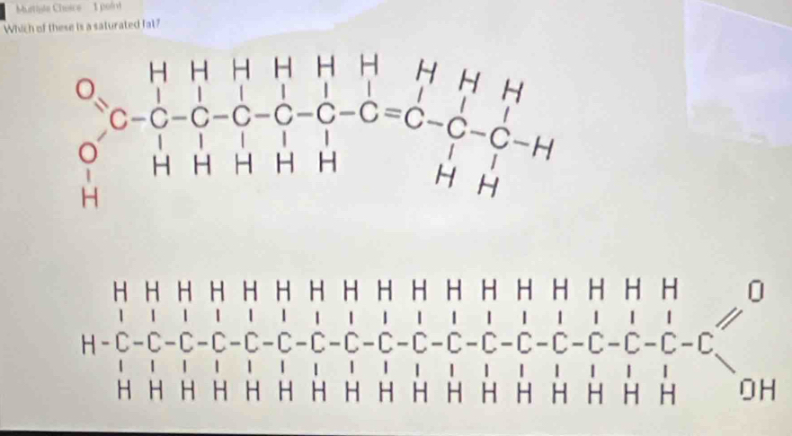 Mustiste Choice  1 point
Which of these is a saturated fat?
H H H H H H H H H H H H H H H H H 0
/ 1 | 1 1 1 1 1 1 1 1 1 1  
H-C-C-C-C-C-C-C-C-C-C-C-C-C-C-C-C-C-C.
| | | | | | | | | | | 1 | | | | | 
H H H H H H H H H H H H H H H H H OH