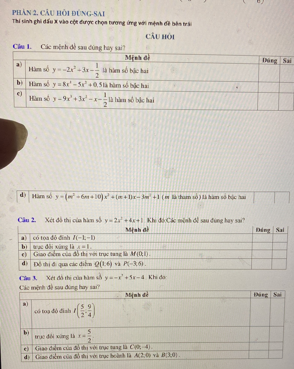 phàn 2. câu hỏi đúng-Sai
Thí sinh ghi dấu X vào cột được chọn tương ứng với mệnh đề bên trái
câu hỏi
Câu 1. Các mệnh đề sau đúng hay sai?
i
d) Hàm số y=(m^2+6m+10)x^2+(m+1)x-3m^2+1 ( m là tham số ) là hàm số bậc hai
Câu 2. Xét đồ thị của hàm số y=2x^2+4x+1 Khi đó:Các mệnh đề sau đúng hay sai?
Câu 3. Xét đồ thị của hàm số y=-x^2+5x-4 Khi đó: