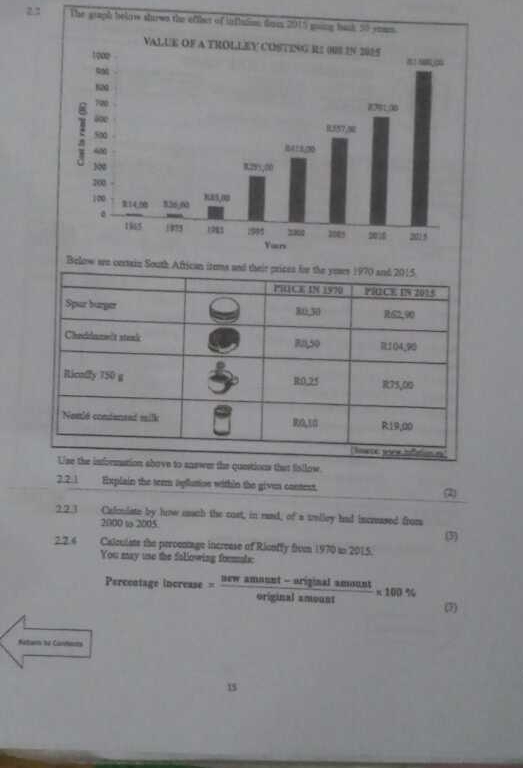 2.2 The graph below sturws the efbet of irflulim dom 2015 going bank 50 youm. 
Below wre certain South Aft 
Uze the information ahove to snswer the questions that fisllow. 
221 Explain the term opllution within the givus cantest. 
2.2.3 Calmiate by how much the cost, in rand, of a trolley had increased from
2000 to 2005
2 2.4 Calculsts the peroeotage increase of Rionffy frvm 1970 in 2015. (3) 
You may use the fallowing foral: 
Percentage increase = '  (wamatent-ariginalamount)/originalsmount * 100%
(7) 
Baturn 14 Carhents
15