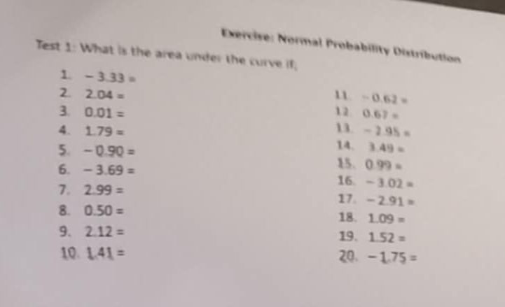 Normal Probability Distribution 
Test 1: What is the area under the curve if; 
1. -3.33=
2. 2.04= 11. -0.62=
12. 0.67=
3. 0.01= 11. 
4. 1.79= -2.95=
14. 3.49=
5. -0.90= 15. 0.99=
6. -3.69= 16. -3.02=
7. 2.99= 17. -2.91=
8. 0.50= 18. 1.09=
9. 2.12= 19. 1.52=
10. 1.41= 20. -1.75=