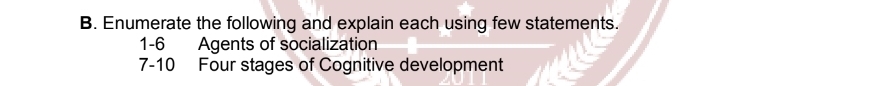 Enumerate the following and explain each using few statements. 
1-6 Agents of socialization 
7-10 Four stages of Cognitive development