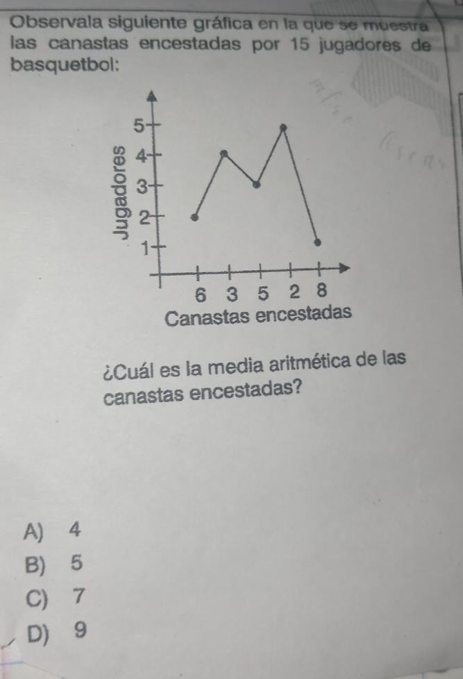 Observala siguiente gráfica en la que se muestra
las canastas encestadas por 15 jugadores de
basquetbol:
¿Cuál es la media aritmética de las
canastas encestadas?
A) ⩾4
B) 5
C) 7
D) 9