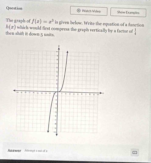 Question Watch Video Show Examples 
The graph of f(x)=x^3 is given below. Write the equation of a function
h(x) which would first compress the graph vertically by a factor of  1/4 
then shift it down 5 units. 
Answer Attempt 1 out of 2