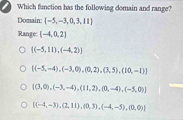 Which function has the following domain and range?
Domain:  -5,-3,0,3,11
Range:  -4,0,2
 (-5,11),(-4,2)
 (-5,-4),(-3,0),(0,2),(3,5),(10,-1)
 (3,0),(-3,-4),(11,2),(0,-4),(-5,0)
 (-4,-3),(2,11),(0,3),(-4,-5),(0,0)