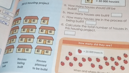 H = 50 000 houses 
2015 Housing project 
a. How many houses should still be 
build? 
b. How many houses are built?
100 H 
c. How many houses are in the process of 
being built? 
d. Calculate the total number of houses in 
this housing project.
10 8
19 8
o1 40 4
How many did they see? 
aw 83
=25000 insects 
Houses 
Houses 
Hooxes being 
planned 
boit buillf 
to be bulld When and where do