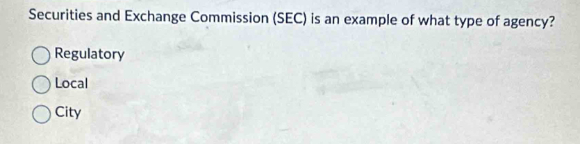 Securities and Exchange Commission (SEC) is an example of what type of agency?
Regulatory
Local
City