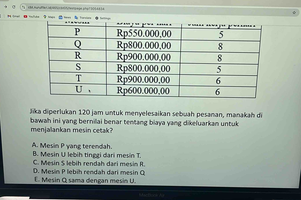 Gmail YouTube ？ Maps News Translate Settings
Jika diperlukan 120 jam untuk menyelesaikan sebuah pesanan, manakah di
bawah ini yang bernilai benar tentang biaya yang dikeluarkan untuk
menjalankan mesin cetak?
A. Mesin P yang terendah.
B. Mesin U lebih tinggi dari mesin T.
C. Mesin S lebih rendah dari mesin R.
D. Mesin P lebih rendah dari mesin Q
E. Mesin Q sama dengan mesin U.
MacBook Air