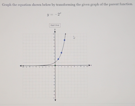 Graph the equation shown below by transforming the given graph of the parent function.
y=-2^x
Stairt Ohver