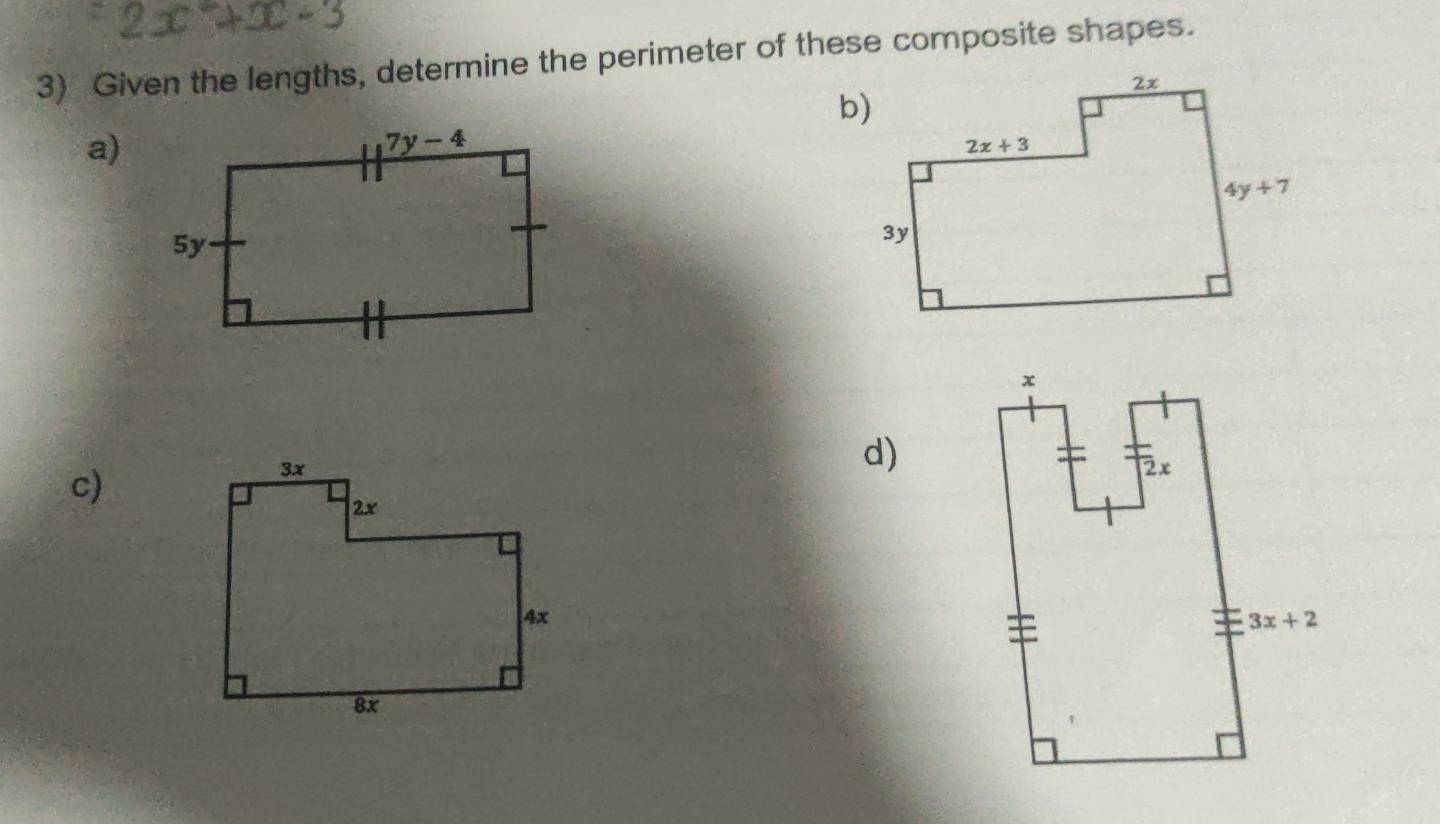 Given the lengths, determine the perimeter of these composite shapes.
a)
d)
c)