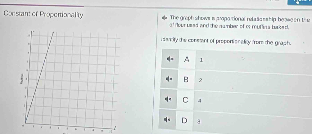 Constant of Proportionality The graph shows a proportional relationship between the
of flour used and the number of m muffins baked.
Identify the constant of proportíonality from the graph.
A 1
B 2
C 4
D 8
s 7 . 10