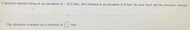 A bicyclist started riding at an elevation of −15.6 feet. She finished at an elevation of ( feet. By how much did the elevation change? 
The elevation changed by a distance of □ feet.